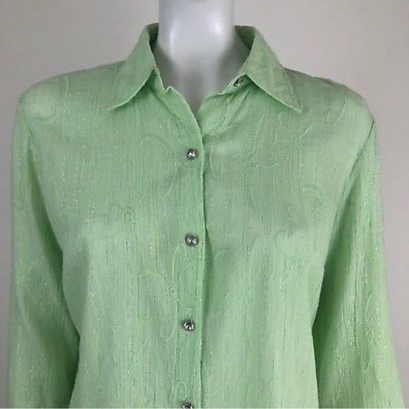 Susan Graver Green Metallic Button Down Tunic Top - Picture 2 of 6